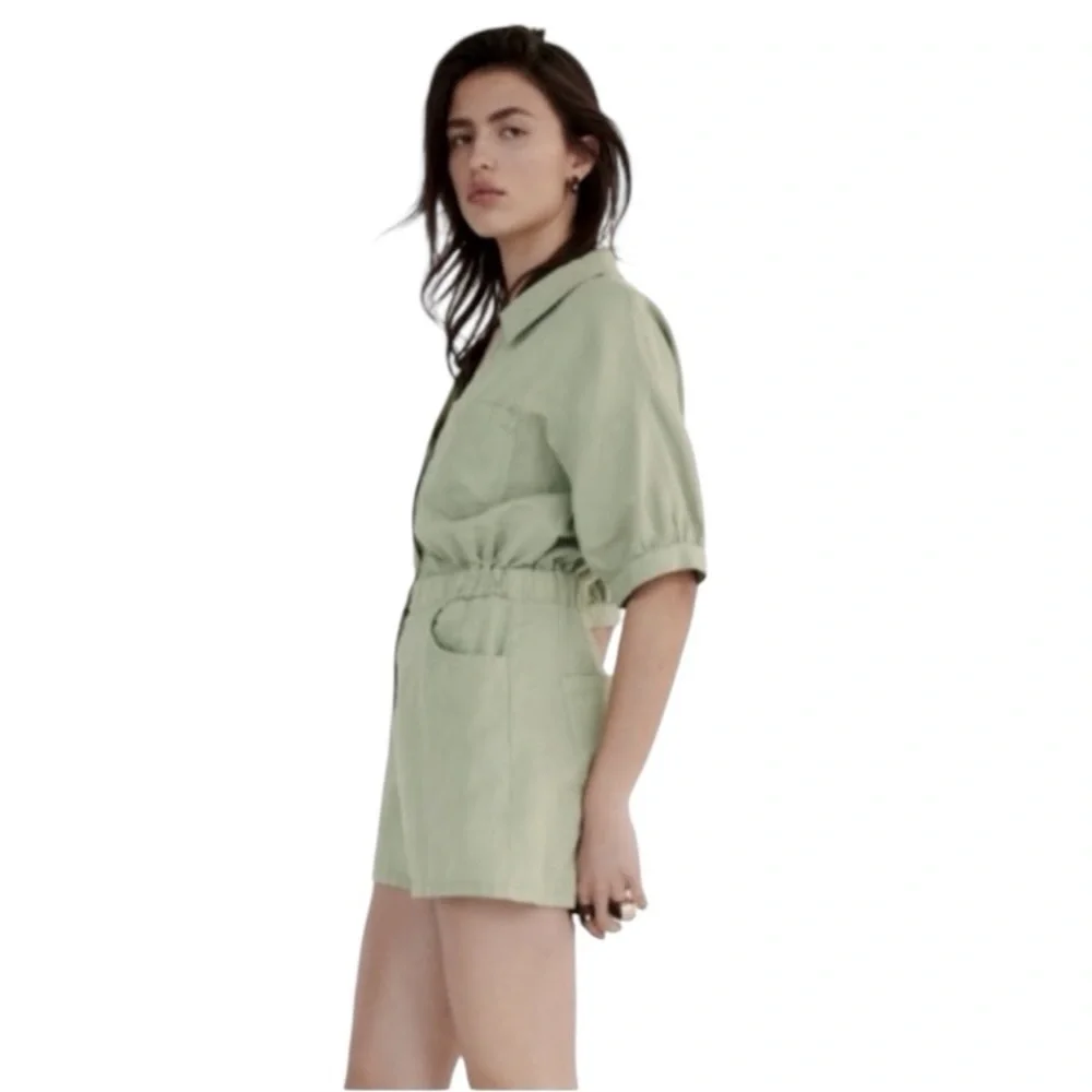 ZARA Linen Green Shirt Short Style Jumpsuit Romper Patch Pockets Utility